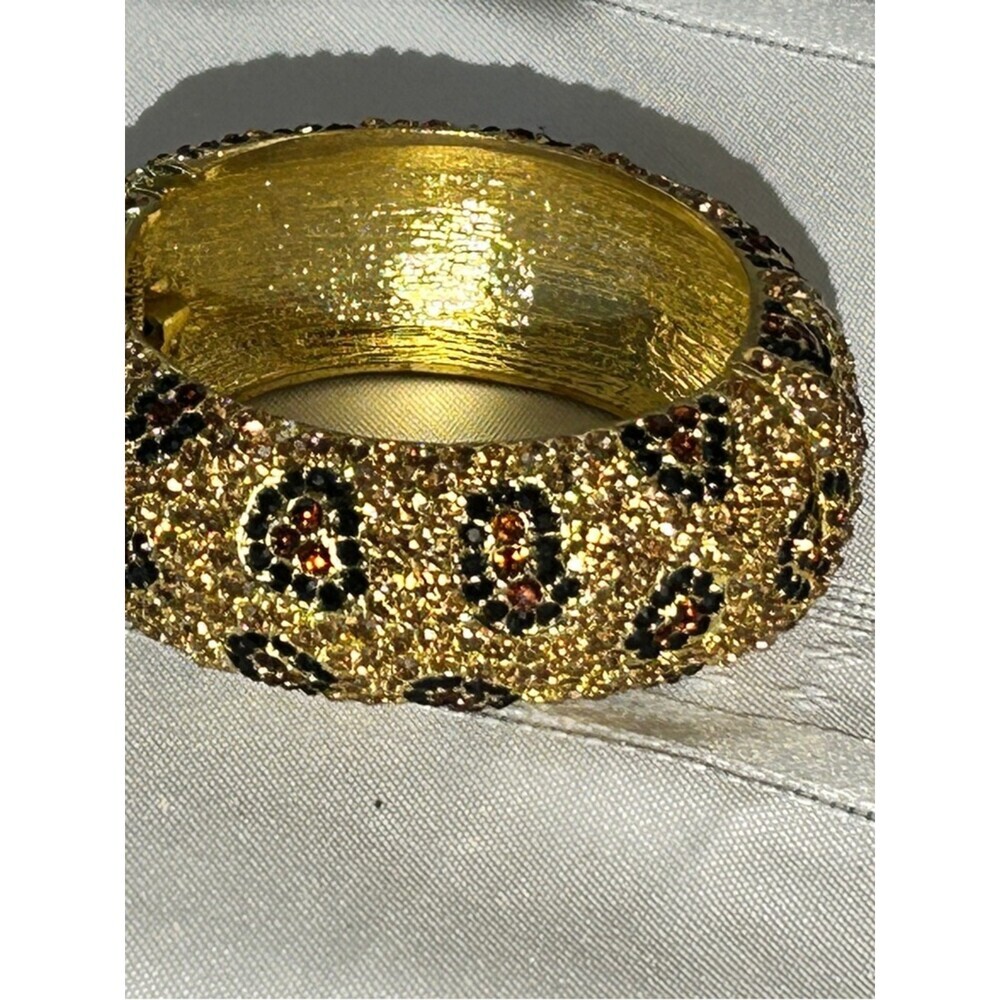 Bebe Gold Leopard Print Rhinestone Bangle - Picture 2 of 16